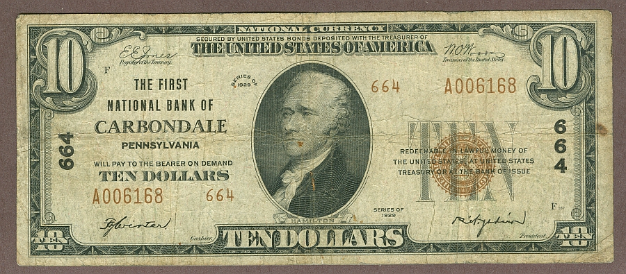 Carbondale, PA, Ch.#664, The First National Bank, 1929T2 $10